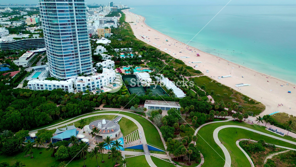 Aerial view Miami landscape, Florida. Aerial Miami south beach. Sea landscape in South Beach, US. Sea beach panorama. Biscayne bay marina in