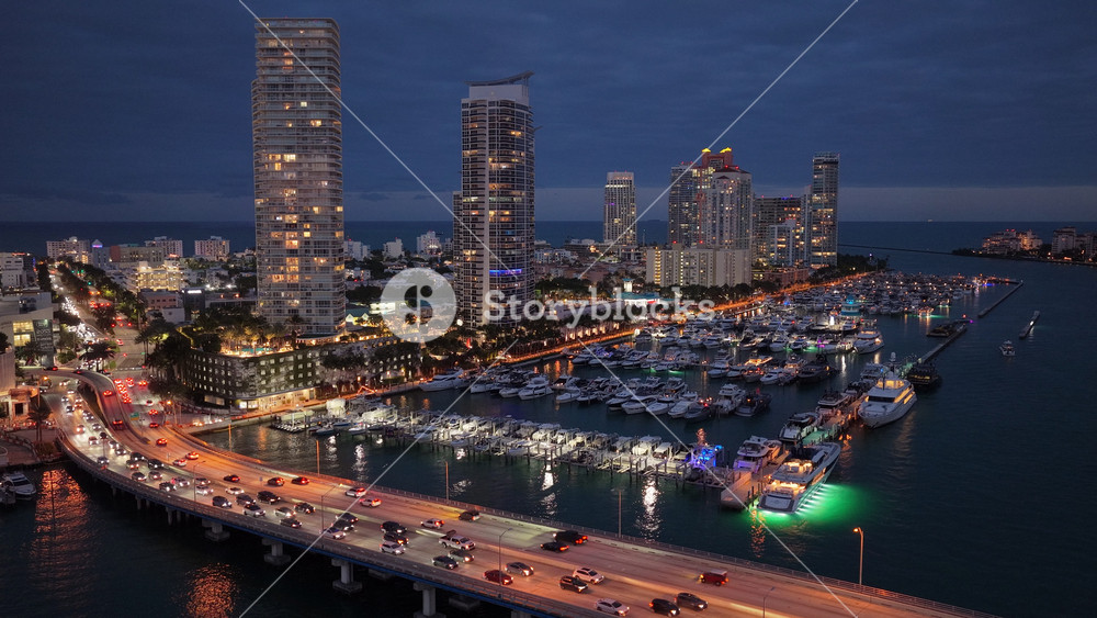 Miami marina with luxury yacht. Summer sunset vacation. Luxury South beach marina. Luxury yacht. Miami south beach view. Yacht club. Marina