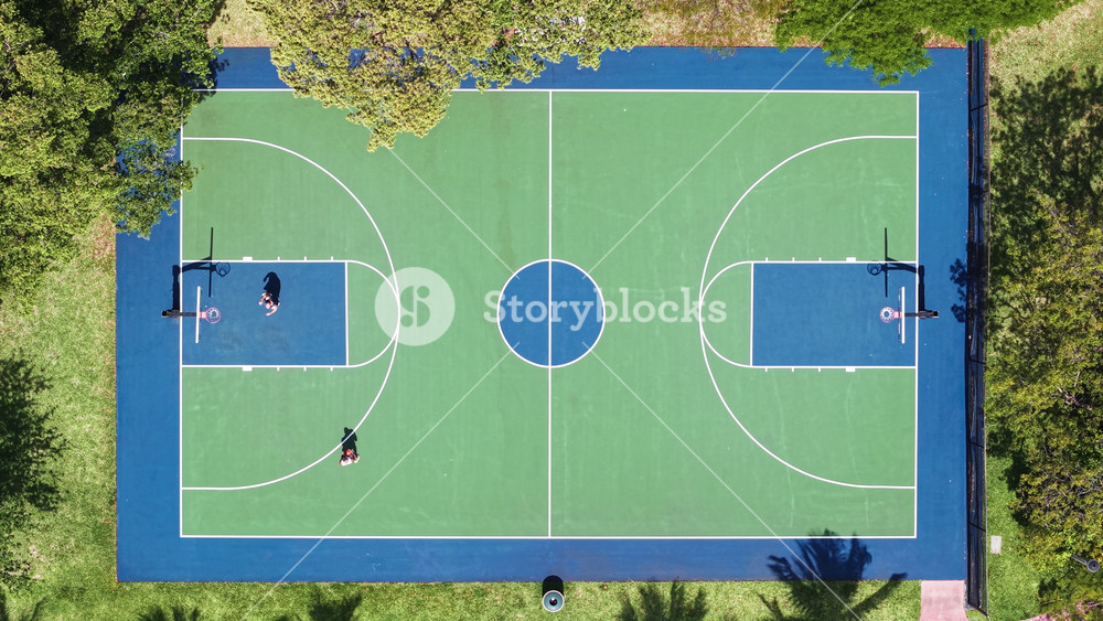 Basketball field top aerial view. Sport activity and lifestyle. Sport and leisure activity. Aerial basketball court field. Sport and hobby