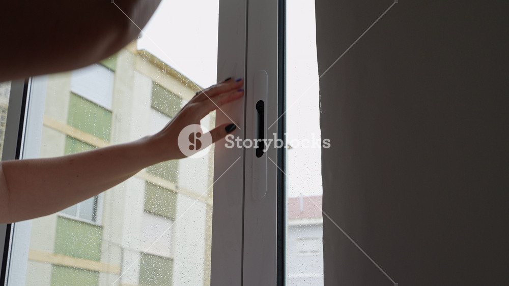 Close-up of a woman's hands as she lifts the blinds and opens the window, letting in fresh air. Natural sound included.