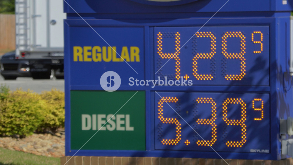 Fuel Prices Displayed at Gas Station in Urban Setting During Day. Price Sign is Symbol of Volatile Energy Market Global Cost of Oil. High Inflation in USA. Greer, SC, USA - May 5, 2026.