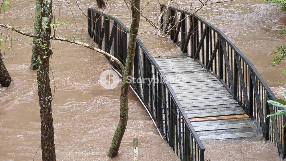 Flooding After Heavy Rains. River Overflow and Park Flooding. Disaster Flood Deluge and Water Flow After Rainfall. Weather Cataclysm. Raging River With Dirty Water. Natural Disasters, Extreme Weather.