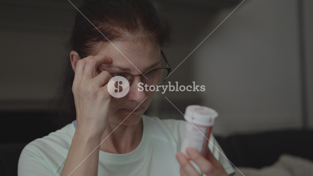 Female Checking Pills. Woman Sitting in Living Room, Carefully Reading Instruction Leaflet While Holding Prescription Pill Bottle Before Taking Medications at Home. Medical Insurance Medicare.