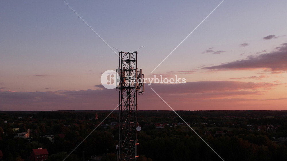 Aerial View of Tower Antenna Telecommunication Cell Phone, Radio Transmitters of Cellular 5g 4g Mobile Phone. Cellular Mobile Signals Providing High Speed 4g and Modern 5g Traffic Network Service.