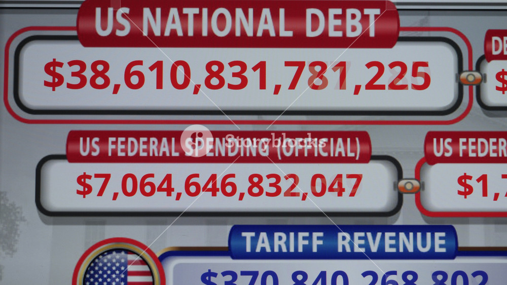 Running Total Display Showing Current United States Gross National Debt. USA National Debt Counter, Increasing Number of Unprecedented State Debt of United States of America, Close-up Footage.