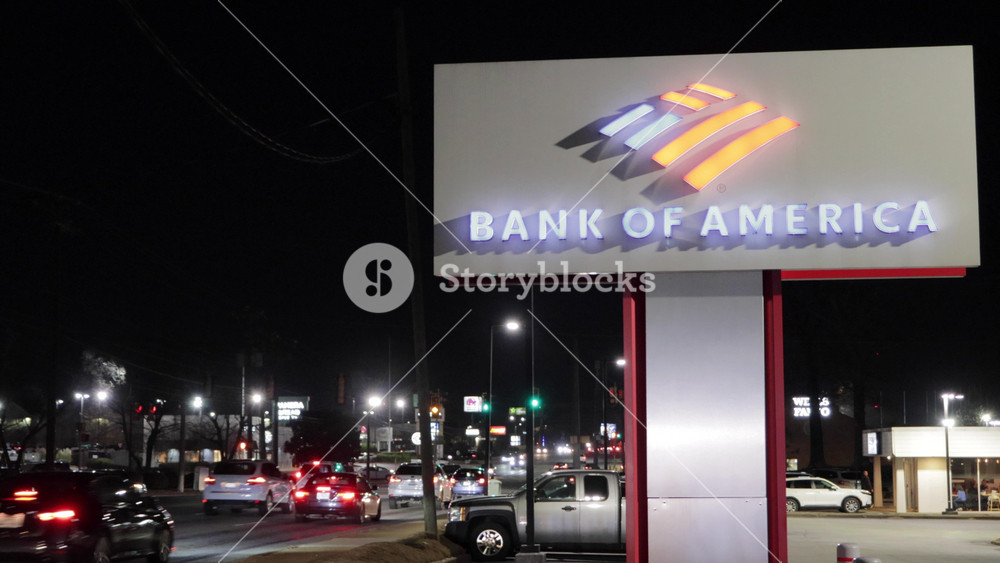 Bank of America Loan Branch Billboard Displaying Logo at Night. The Bank of America Corporation is American Investment Bank and Financial Services Holding Company. Greer, SC, USA - January 25, 2026.