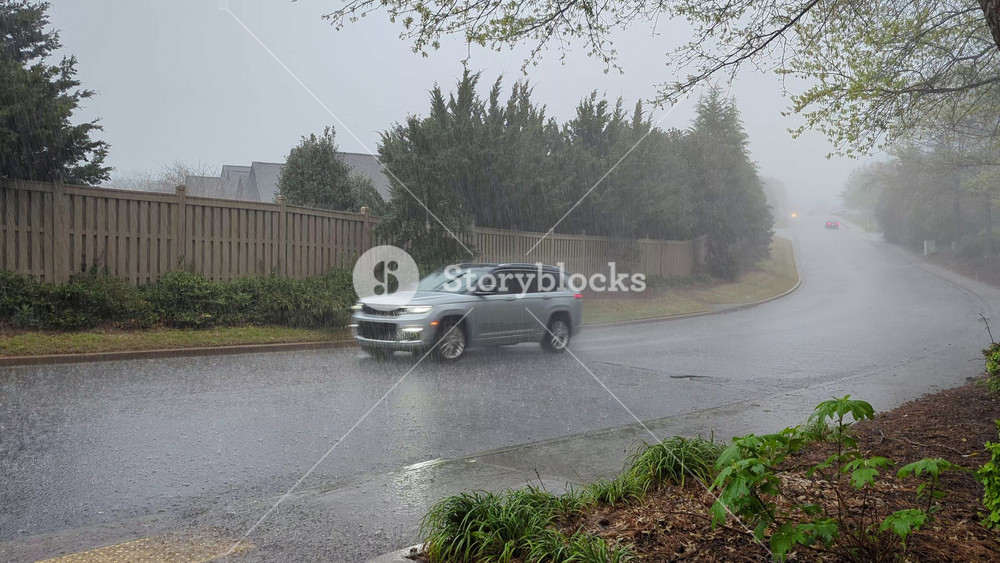 Car Drives on Wet Road During Heavy Rain. Traffic Under Rain. SUV Pickup Truck Drives With Its Headlights on in Pouring Rain. Fence Along the Road, Roofs of Houses.