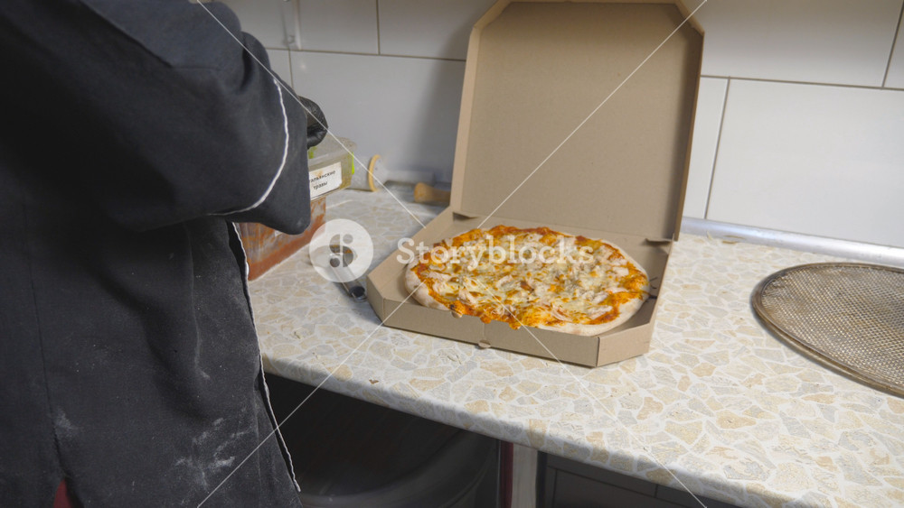 Male chef strewing of dried herbs a tasty baked dish in a carton box at cuisine. Hand of cook in glove finishing a delicious four cheese pizza with a sprinkles mixture of peppers and salt at kitchen