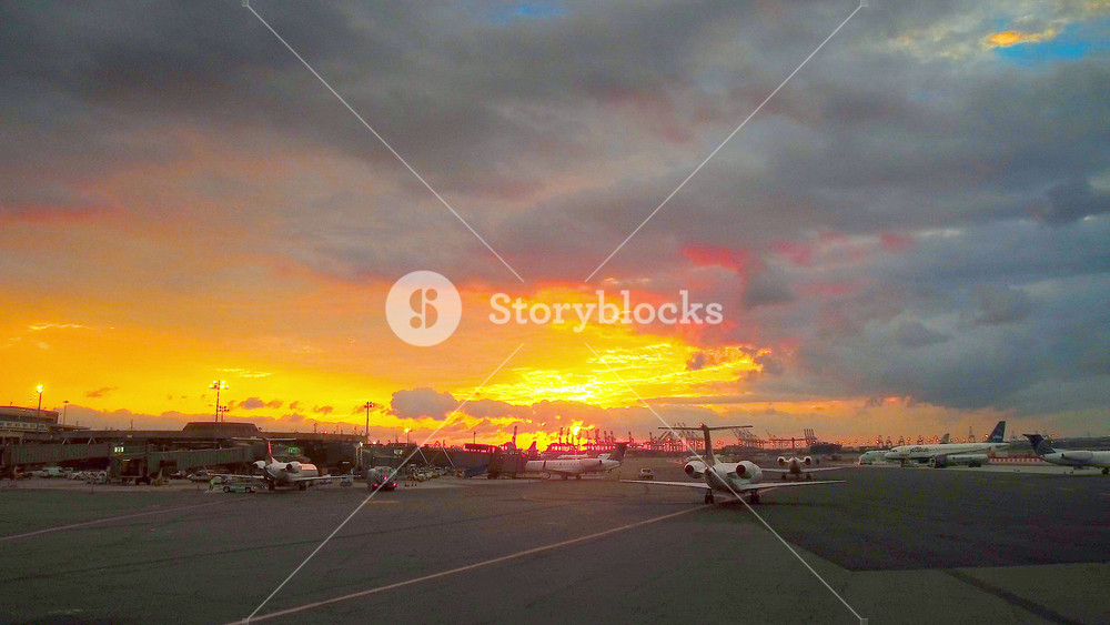 Newark, USA - June 28, 2018: Newark Liberty International Airport EWR with airplanes at sunrise. EWR was the fifteenth busiest airport in the United States.