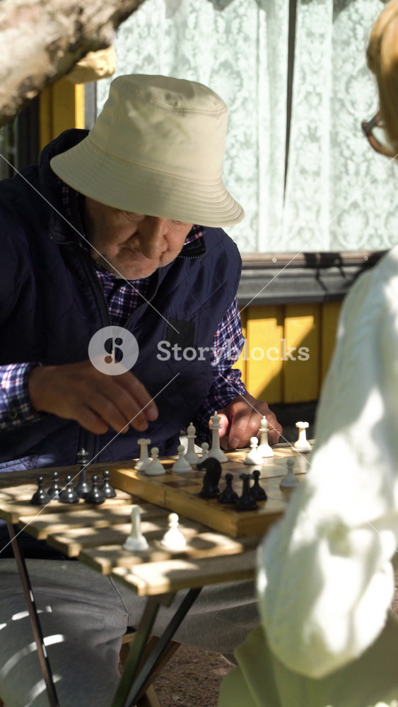 Senior man and young woman playing chess in the garden. Leisure activity, mental health and full life in old age, sport, entertainment, old