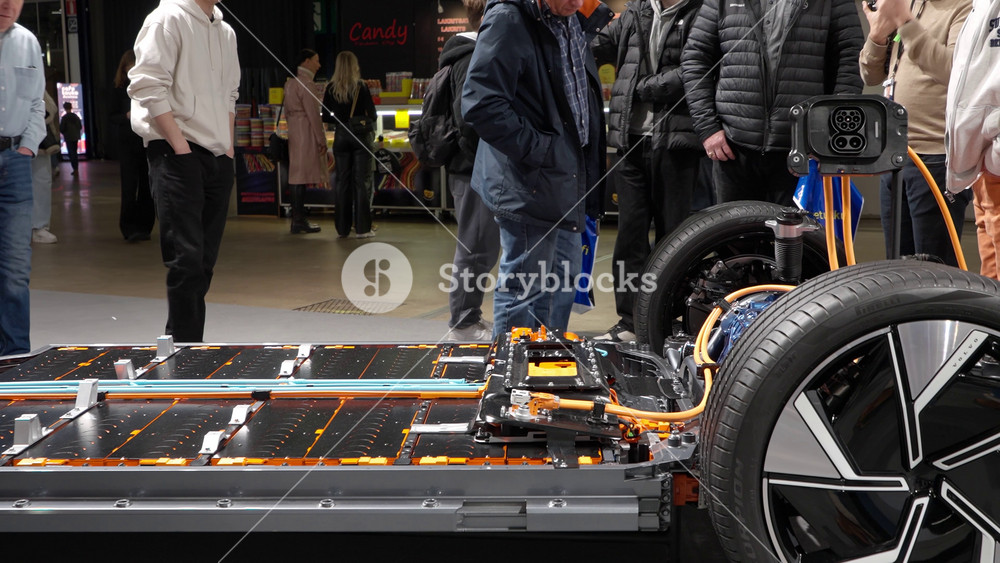Helsinki, Finland - March 15, 2025: A group of people closely examining the and powertrain of an electric vehicle (EV) Volvo at an auto show