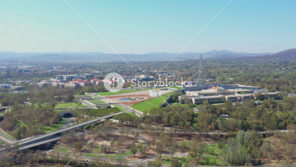 Aerial drone view of Australian Parliament House in Canberra, the capital city of Australia, on a sunny day