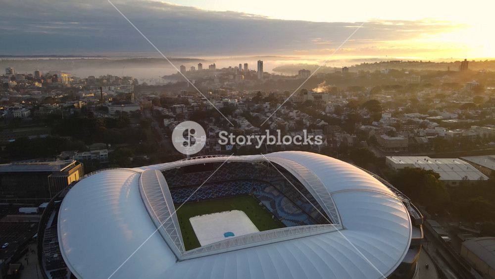 Aerial drone view of Sydney Football Stadium in Moore Park, Sydney NSW in the early morning on opening day Sunday, August 28, 2022