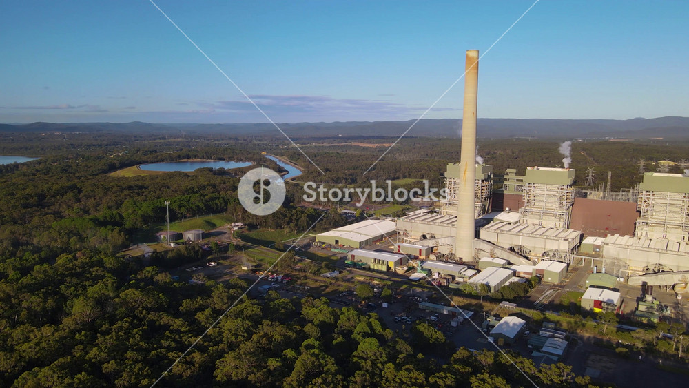 Aerial drone view of Eraring Power Station, Australias largest coal fired power station consisting of steam driven turbo alternators located at Eraring, NSW, Australia