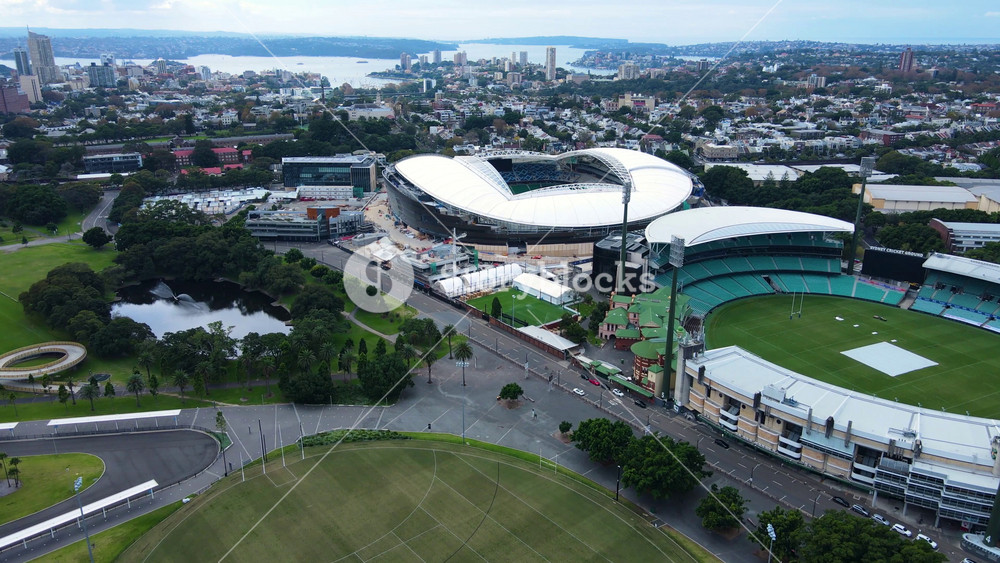 Aerial drone view of Sydney Football Stadium being redeveloped into a new revitalised sports and recreation facility for NSW and Australia in April 2022