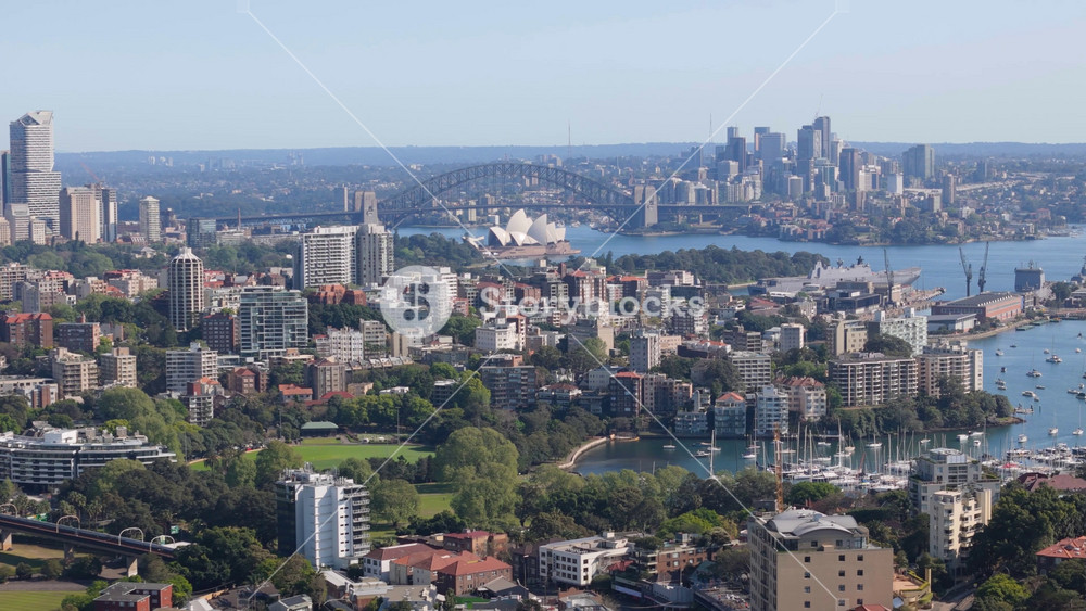 Aerial drone view above Paddington looking toward Rushcutters Bay and Elizabeth Bay in East Sydney, NSW Australia with Sydney City in the background on a sunny day in September 2024