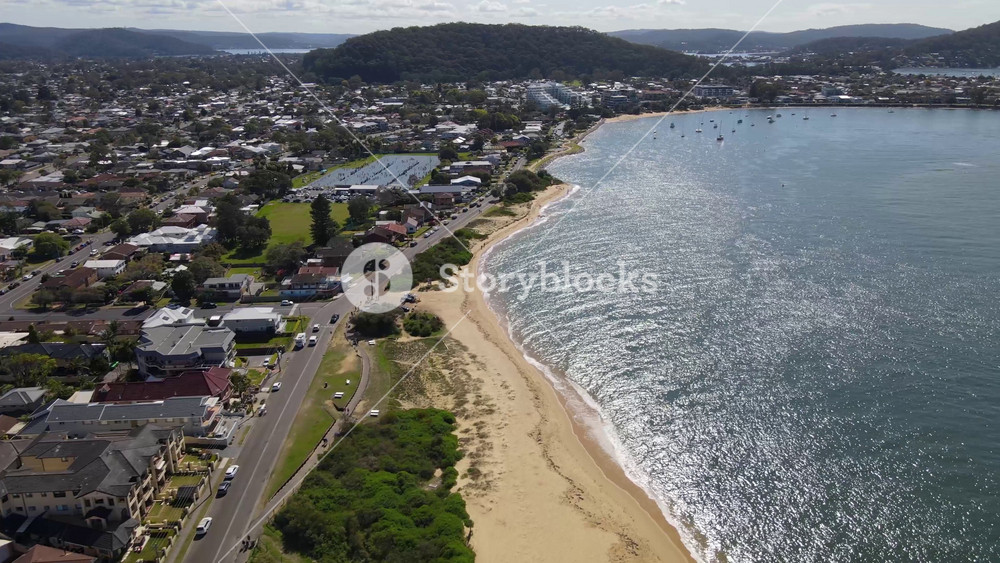 Aerial drone view of Ettalong Beach on the Brisbane Water of Central Coast, New South Wales, Australia on a sunny day in September 2023