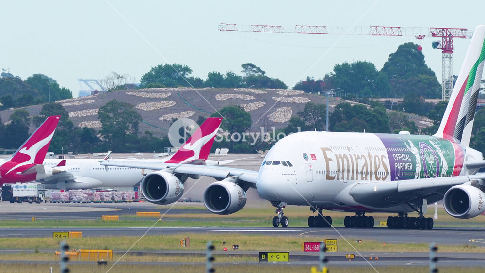 An Emirates Airbus A380-842 airline plane, the world's largest passenger aircraft, taking off from Runway 16R at Sydney Kingsford Smith Airport in November 2025