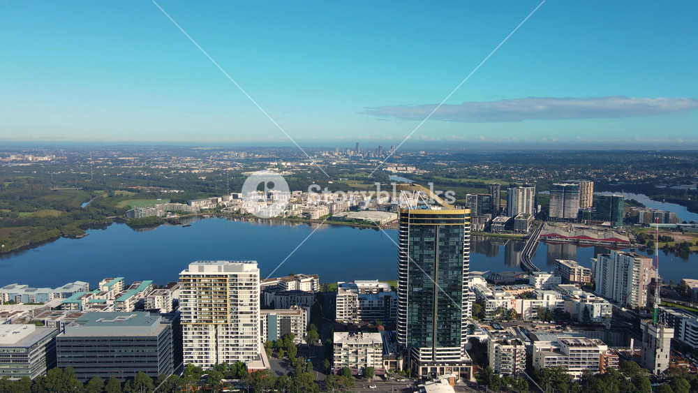 Aerial drone view of Rhodes, an Inner West suburb of Sydney looking over Homebush Bay along Parramatta River in April 2022