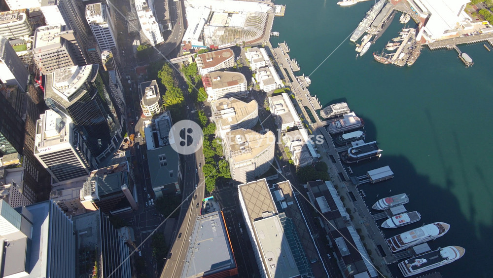 Aerial drone top down view of residential high rise towers at Barangaroo waterfront precinct in Sydney City, NSW Australia on a sunny morning in May 2023