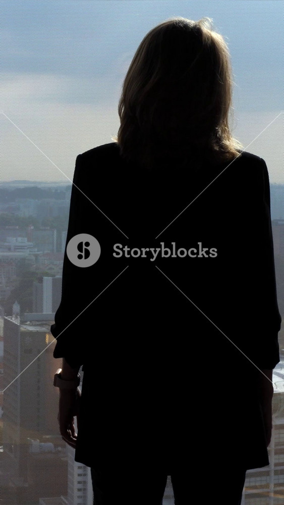 Back view silhouette of a pensive businesswoman looking out of a modern office window at the city skyline, contemplating her career, success