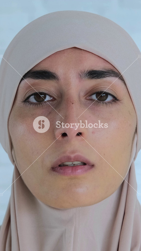Extreme close up of a young muslim woman in a hijab, slowly removing her hands from her face to reveal her eyes, expressing contemplation