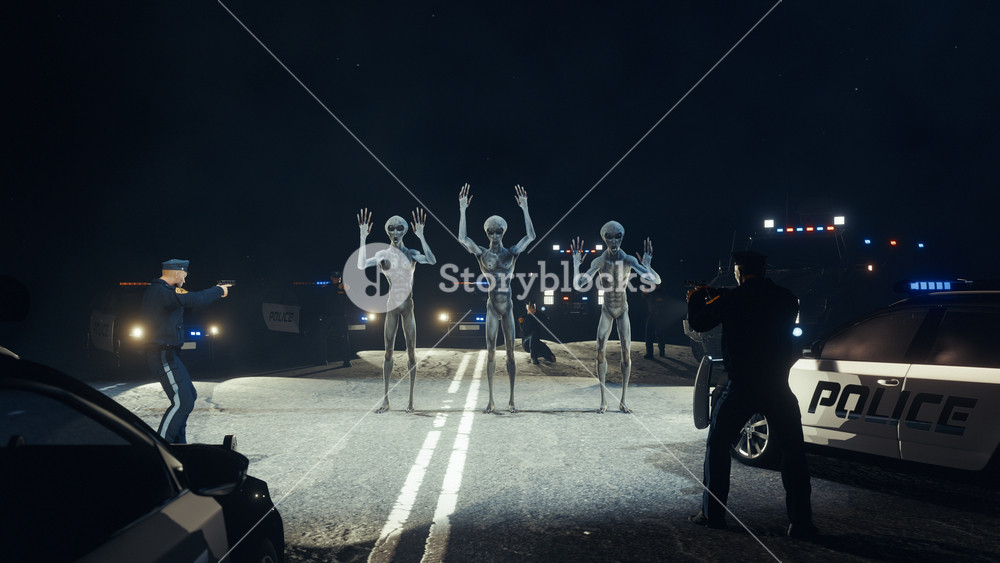 Aliens being captured by armed Police in the middle of the Road during Night | Three grey humanoid Aliens with their hands raised surrounded by Cops and police cars on a road during night CGI Animation